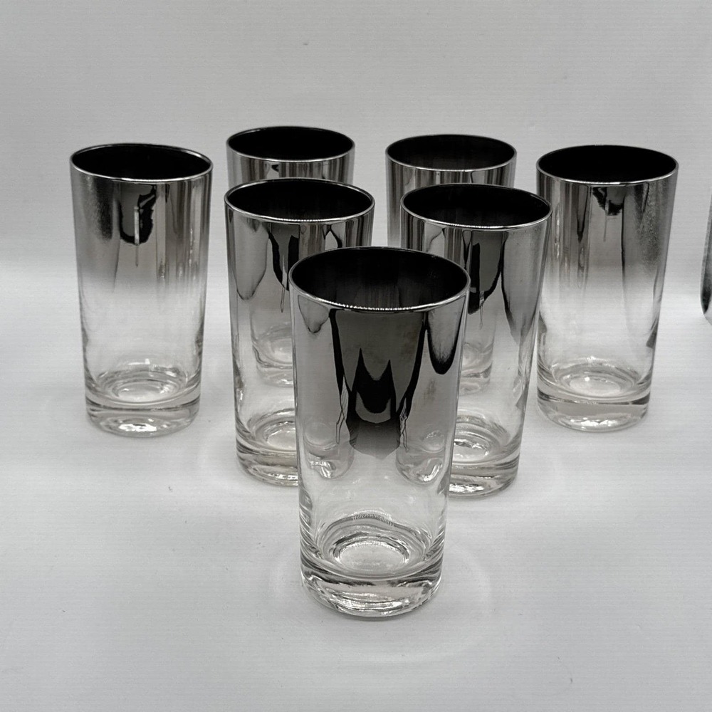 Set of 7 Vintage Silver Fade Ombre Glasses MCM Mercury Glass Highball 5.5" KL